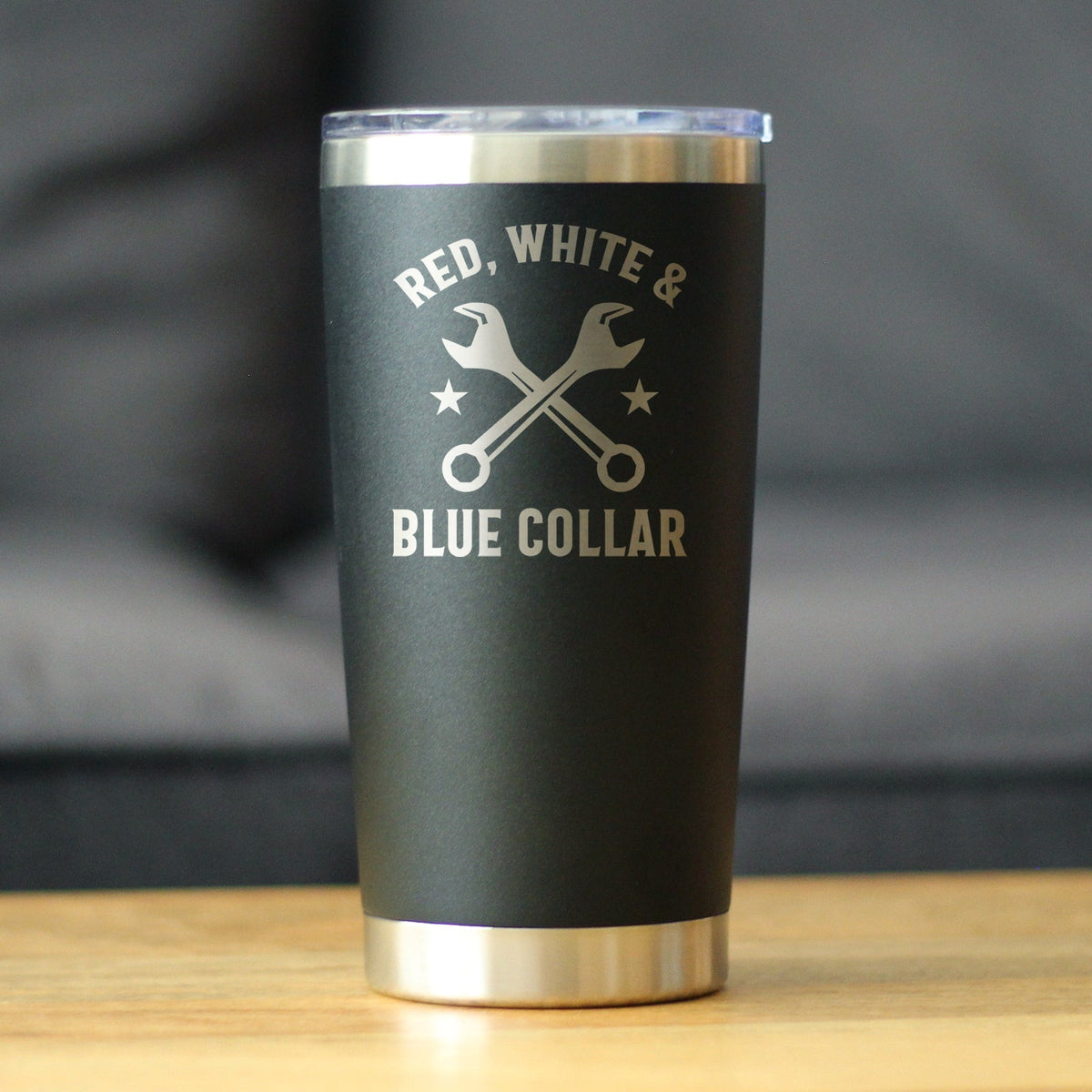 Red White & Blue Collar Insulated Coffee Tumbler with Sliding Lid Gifts for Tradesmen, Manual Labor Workers 20oz Stainless Steel Tumbler