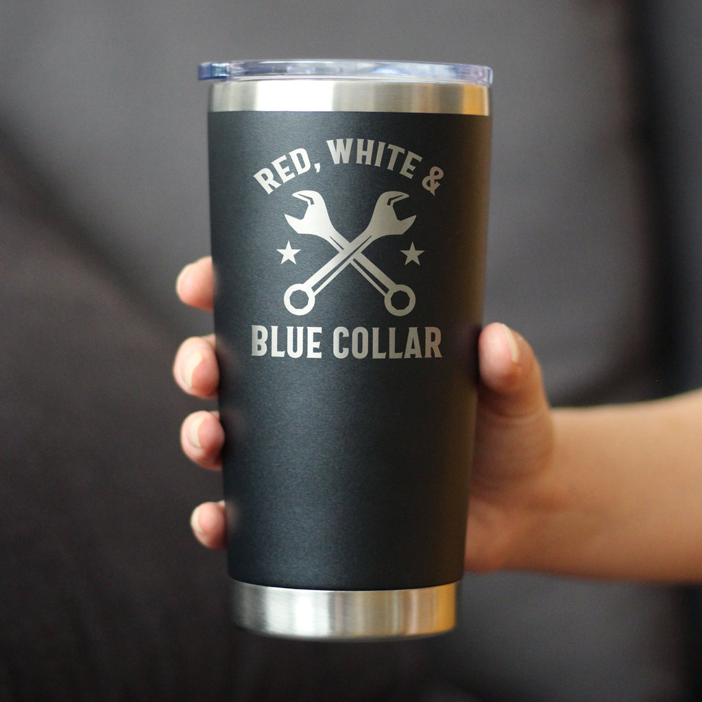 Red White & Blue Collar Insulated Coffee Tumbler with Sliding Lid Gifts for Tradesmen, Manual Labor Workers 20oz Stainless Steel Tumbler