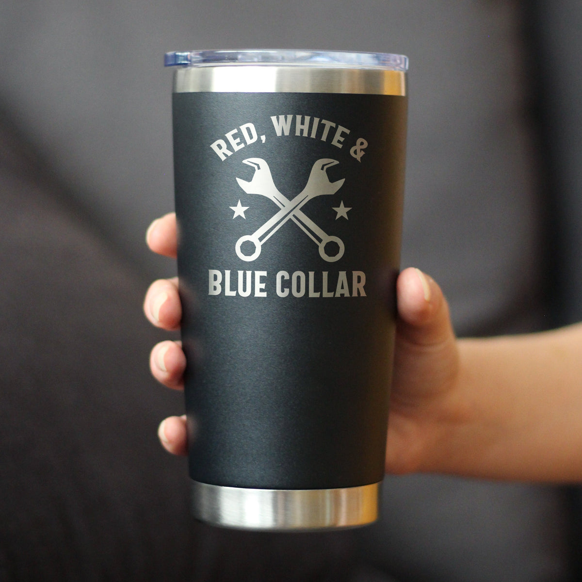 Red White & Blue Collar Insulated Coffee Tumbler with Sliding Lid Gifts for Tradesmen, Manual Labor Workers 20oz Stainless Steel Tumbler
