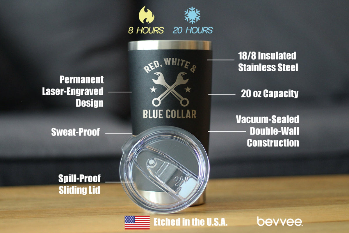Red White & Blue Collar Insulated Coffee Tumbler with Sliding Lid Gifts for Tradesmen, Manual Labor Workers 20oz Stainless Steel Tumbler