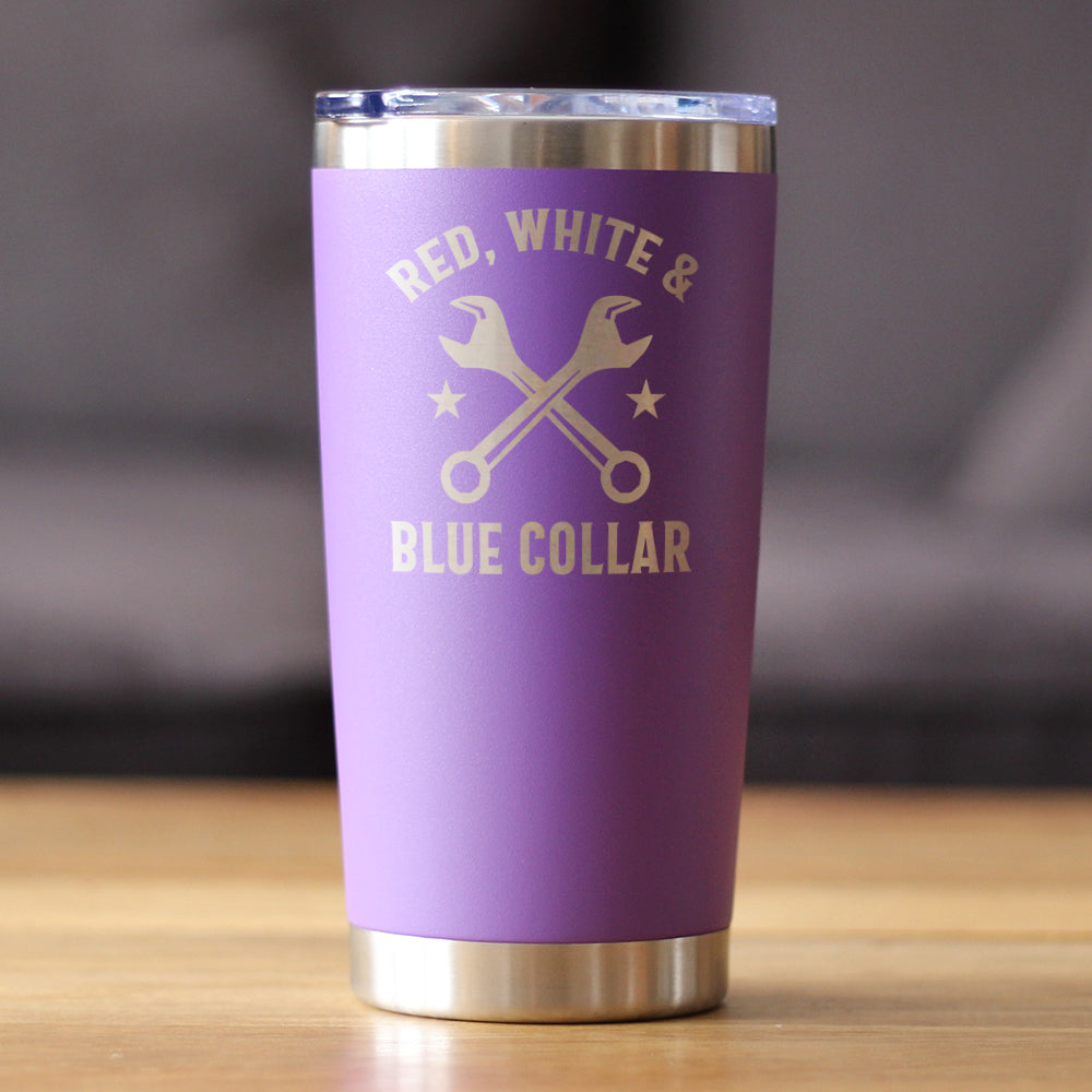 Red White & Blue Collar Insulated Coffee Tumbler with Sliding Lid Gifts for Tradesmen, Manual Labor Workers 20oz Stainless Steel Tumbler