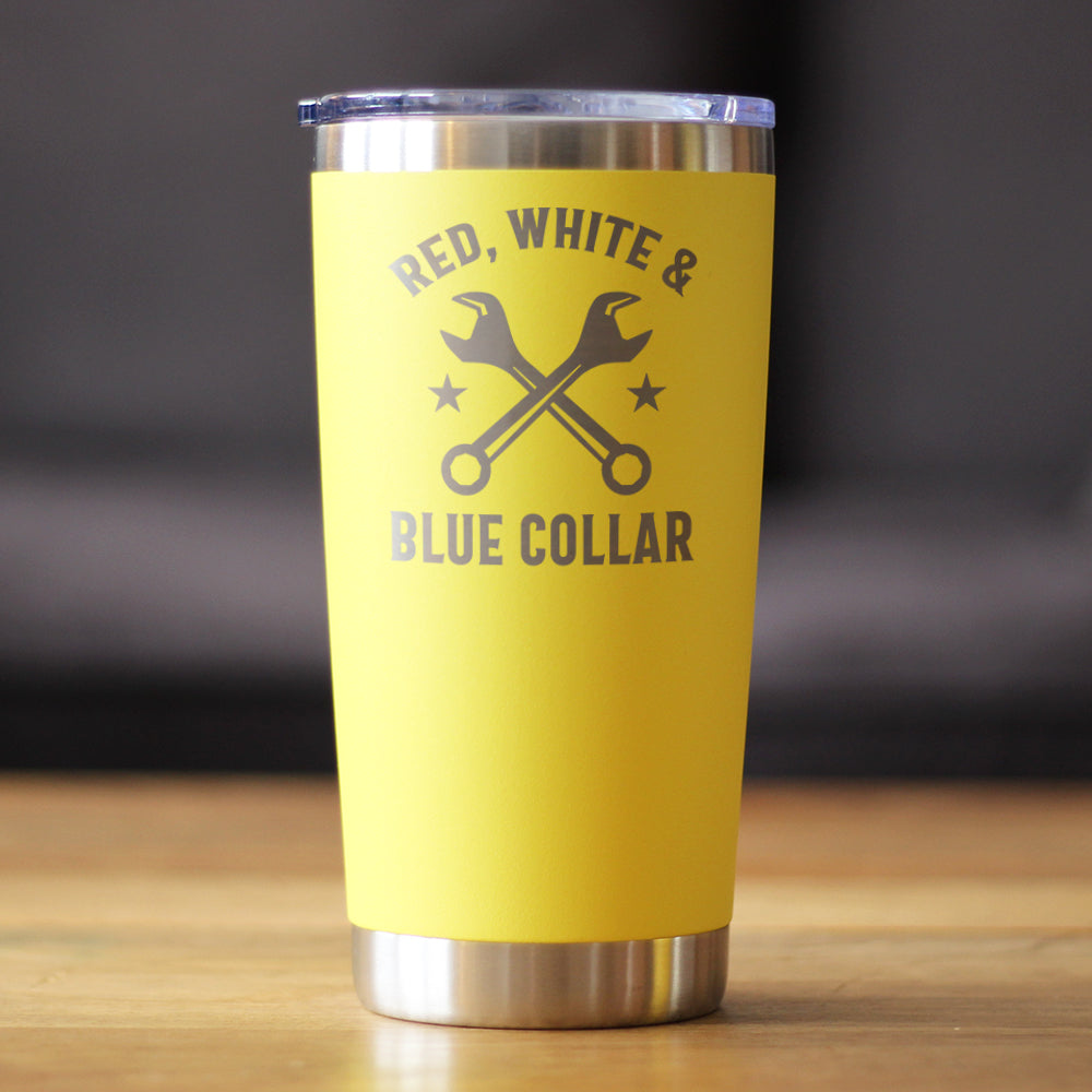 Red White & Blue Collar Insulated Coffee Tumbler with Sliding Lid Gifts for Tradesmen, Manual Labor Workers 20oz Stainless Steel Tumbler